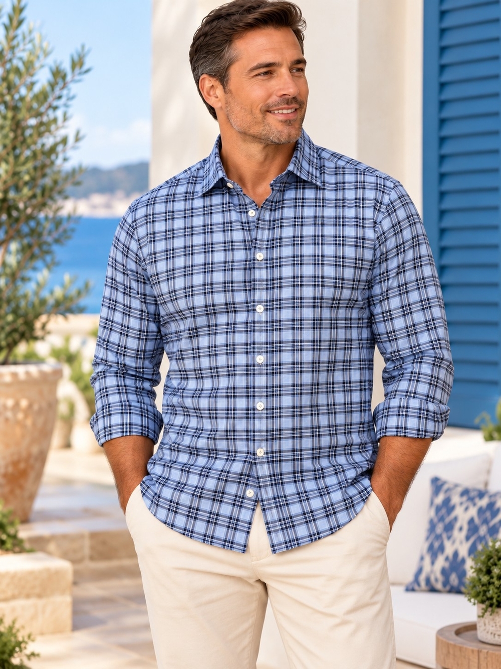 Canali 1934 Men’s XL Blue Plaid 100% Cotton Made in Italy Shirt